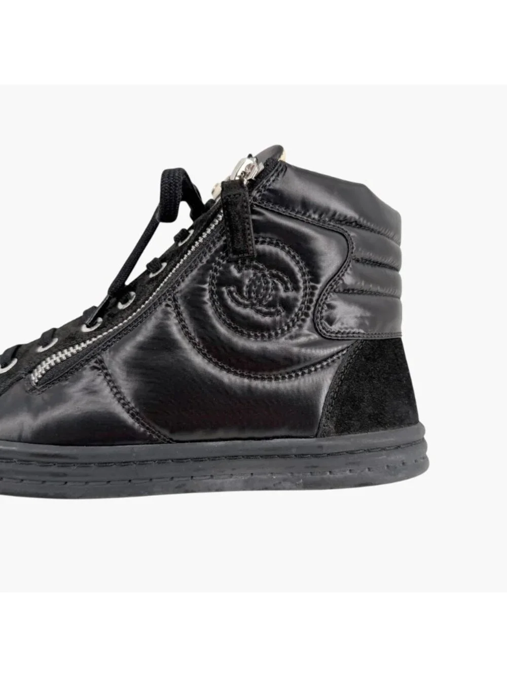 Chanel CC Pearl High Top Sneakers Black Size 38 US 7-7.5 Women's Quilted Nylon